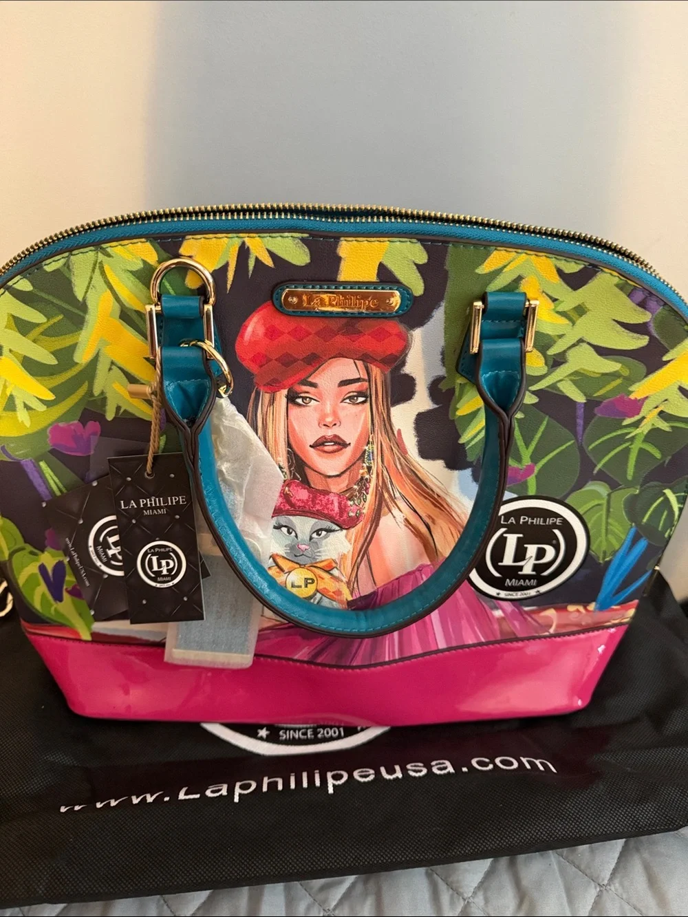 La Philippe Colorful Artist Dome Satchel - Pink & Teal